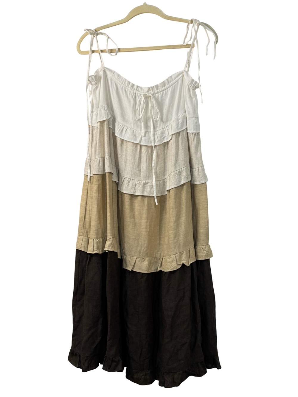 MIOU MUSE Linen Blend Midi Sack Dress Tan Brown